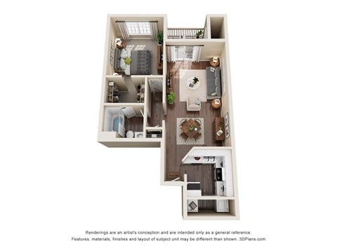 Floor plan for 1 bed, 1 bath, 653 sqft